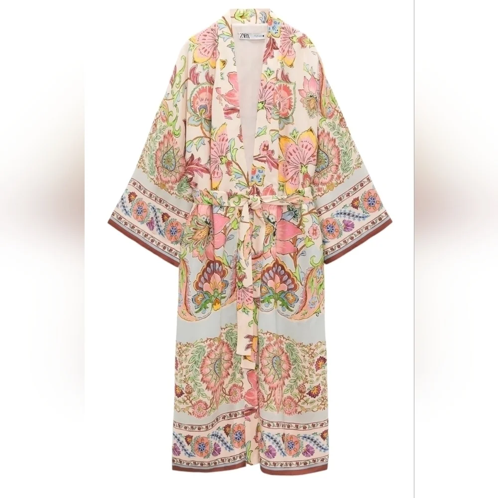 Zara Floral Pink Green Multicolor Printed Kimono Jacket With Belt Sz Small NWT - Picture 3 of 10